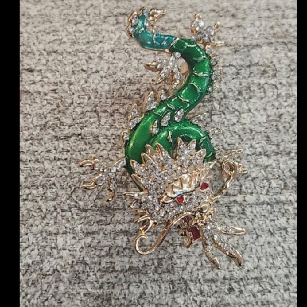 Green & Blue Enamel Chinese Dragon Brooch